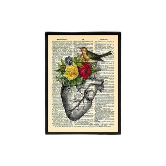 Imagem de Quadro Coração Com Flores E Pássaro 33X24Cm Com Vidro Preta
