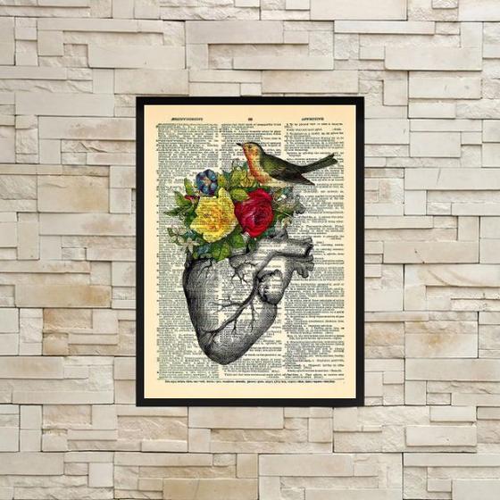 Imagem de Quadro Coração Com Flores E Pássaro 45x34cm - com vidro