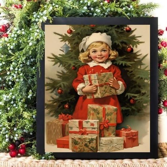 Imagem de Quadro De Natal Menininha Com Presentes 33X24Cm - Com Vidro