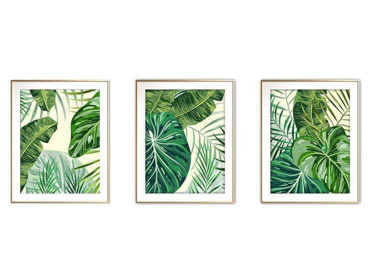 Imagem de Quadro decor canvas dourado 55x110 folhas tropicais mod 136