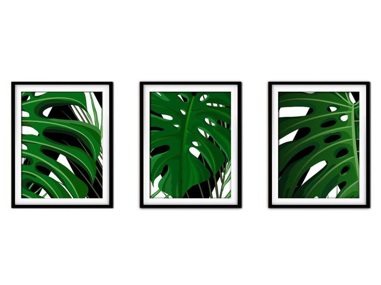 Imagem de Quadro decor canvas preto 30x66 folhas tropicais modelo 16