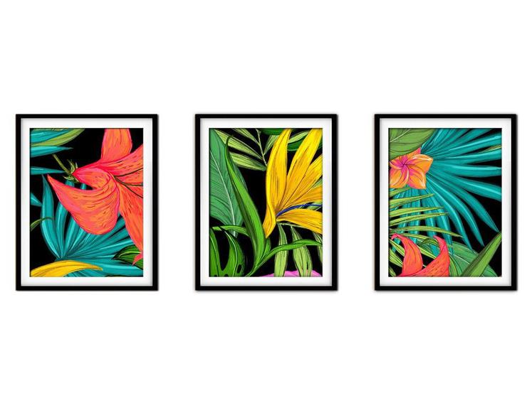 Imagem de Quadro decor canvas preto 30x66 folhas tropicais modelo 206