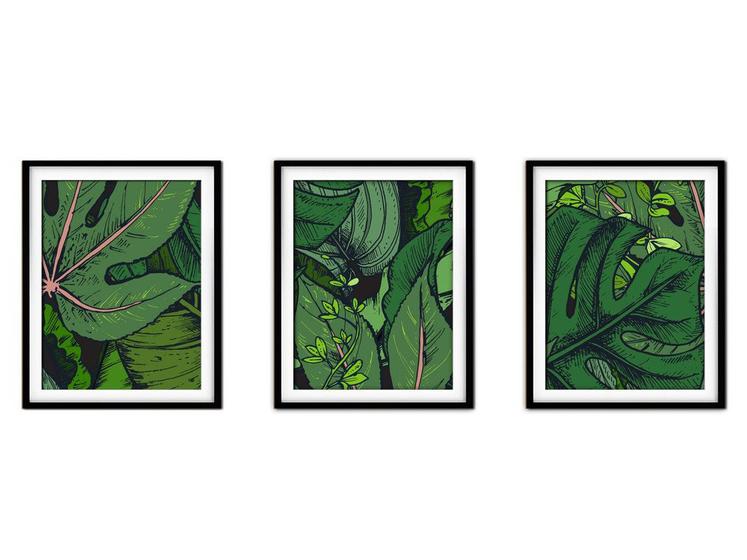 Imagem de Quadro decor canvas preto 45x96 folhas tropicais modelo 56