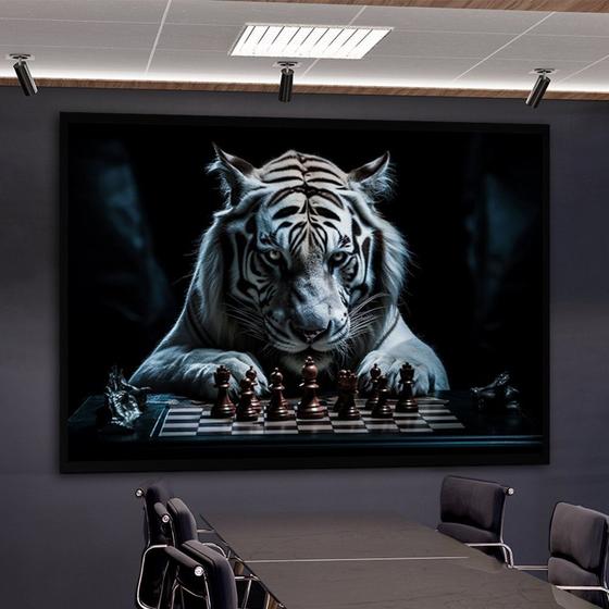 Imagem de Quadro Decorativo 1 Tela Animais Tigre de Bengala Jogando Xadrez Diversos Tamanhos Preto