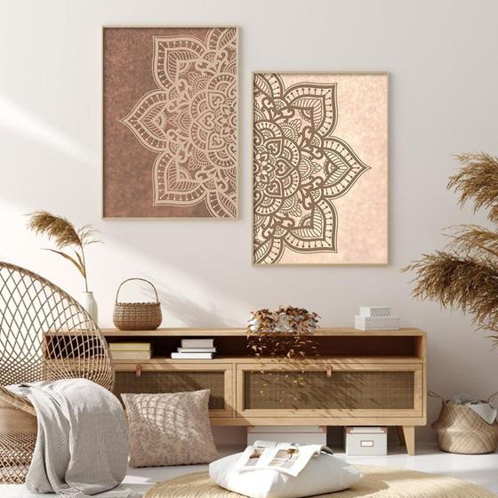 Imagem de Quadro decorativo 2 peças 40x60 flor mandala bege marrom simples delicado moderno para sala quarto