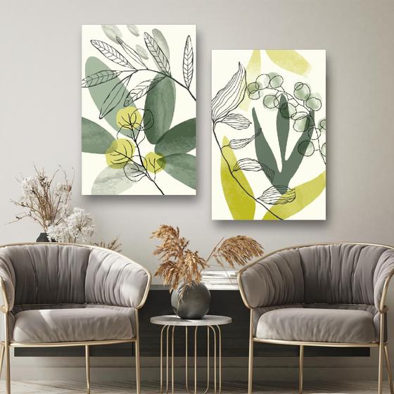 Imagem de Quadro Decorativo 2 Telas Abstrato Folhas e Plantas