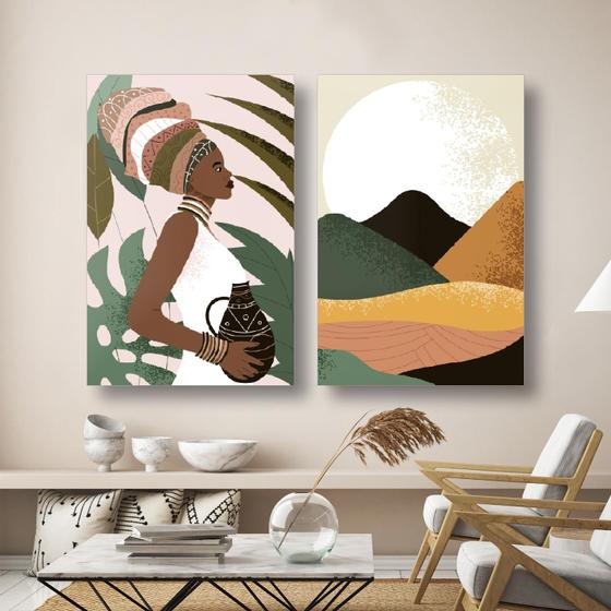 Imagem de Quadro Decorativo 2 Telas Abstrato Mulher Negra  Montanhas