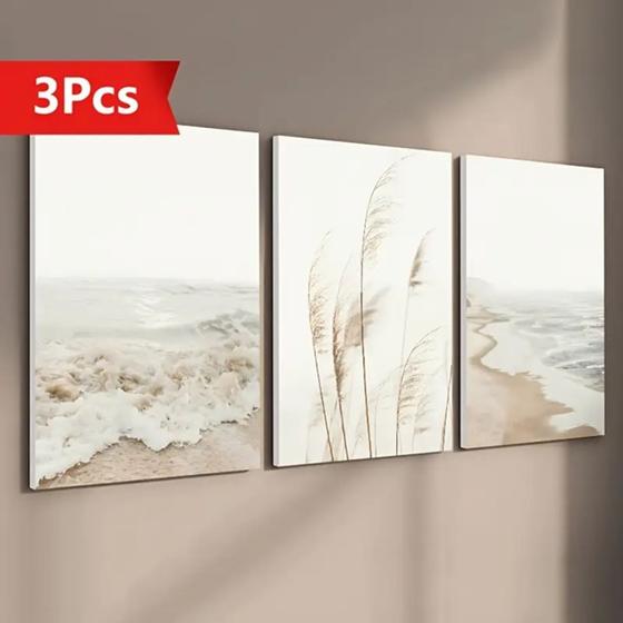 Imagem de Quadro Decorativo 3 peças 40x60 mar praia bege nude decoração para casa sala quarto hall