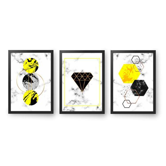 Imagem de Quadro Decorativo 3 peças 60x40 C/ Moldura Geométrico Triângulos e circulos amarelo