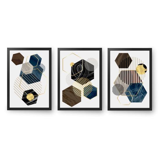 Imagem de Quadro Decorativo 3 peças 60x40 com Moldura Geométrico Triângulos e circulos C/ Vidro
