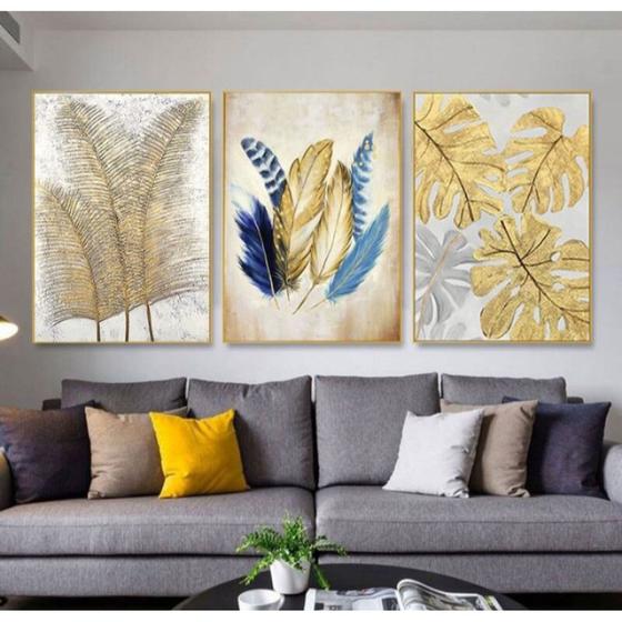 Imagem de Quadro decorativo 3 peças abstrato folha de ouro impressão HD