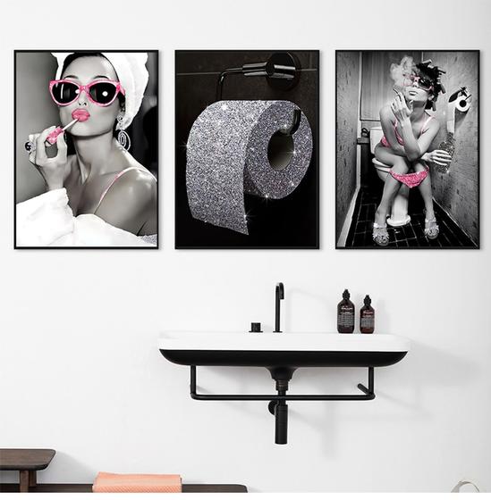 Imagem de Quadro decorativo 3 peças decoração banheiro feminino tons rosa moderno