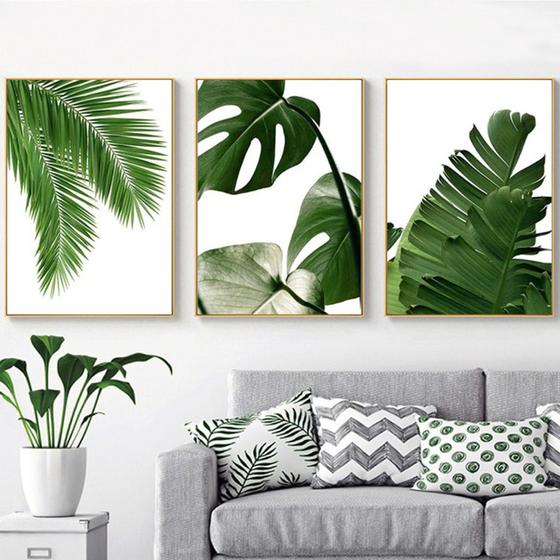 Quadro decorativo 3 peças folhas estilo escandinavo tropicais verdes plantas para sala quarto Menor preço em Quadro decorativo 3 peças folhas estilo escandinavo tropicais verdes plantas para sala quarto