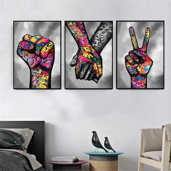 Imagem de Quadro decorativo 3 peças mãos gestos grafiti arte moderna decoração colorida