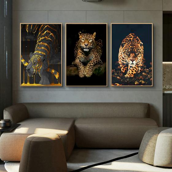 Imagem de Quadro decorativo 3 peças onça pintada fauna selvagem magnifico decoração