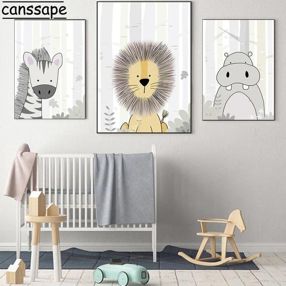 Imagem de Quadro decorativo 3 peças quarto bebê infantil Hipopótamo zebra leão floresta animal