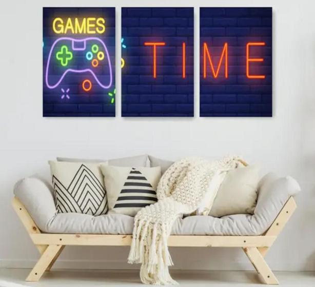 Imagem de Quadro decorativo 3 peças Time Games Azul Jogos "