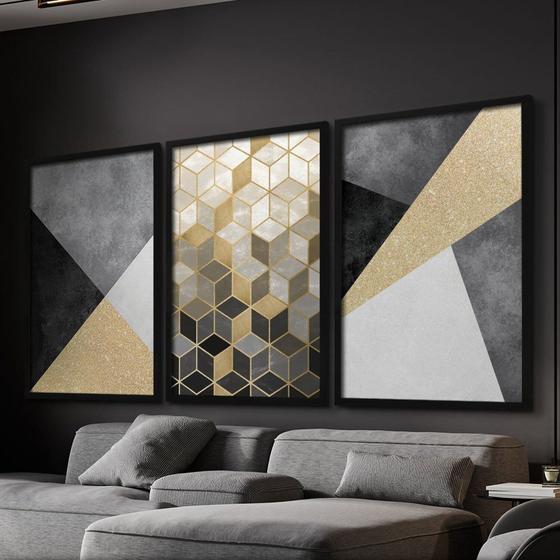 Imagem de Quadro Decorativo 3 Telas Dourado Diversos Tamanhos Preto