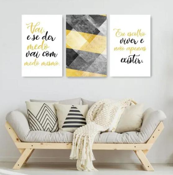 Imagem de Quadro Decorativo 3 Telas Felicidade Viver Cinza E Amarelo"