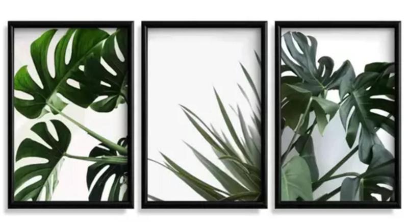 Imagem de Quadro Decorativo 3 Telas Folhas Verdes"