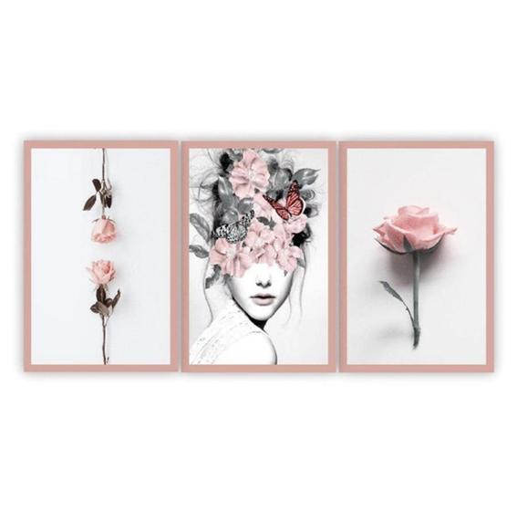 Imagem de Quadro Decorativo 3 Telas mulher , rosa e borboletas"