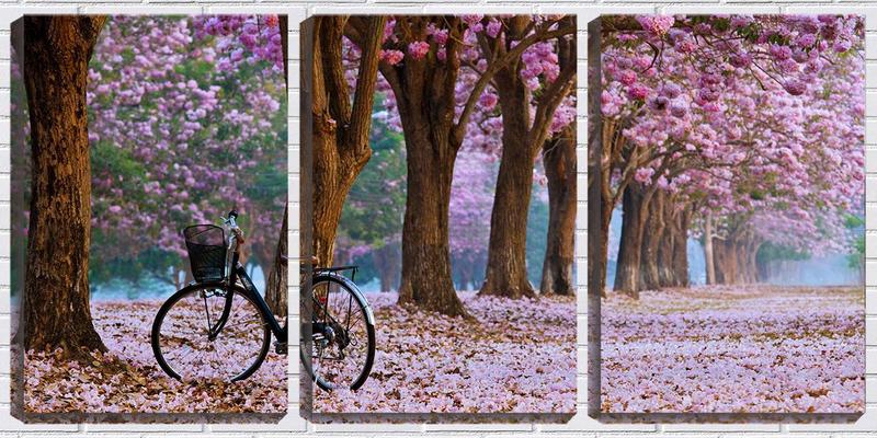 Imagem de Quadro Decorativo 30x66 bicicleta sobre flores rosas