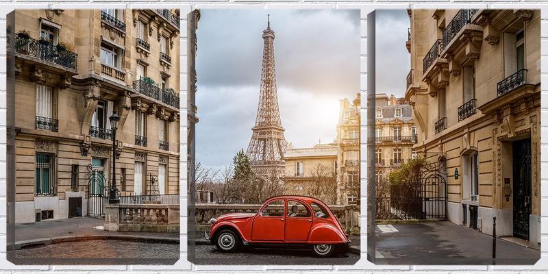 Imagem de Quadro Decorativo 30x66 carro vermelho frente a torre eiffel