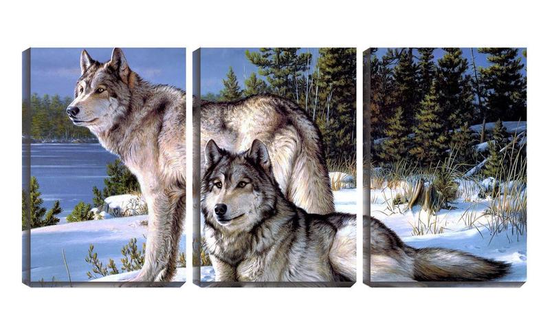 Imagem de Quadro Decorativo 30x66 lobos na neve arte colorida