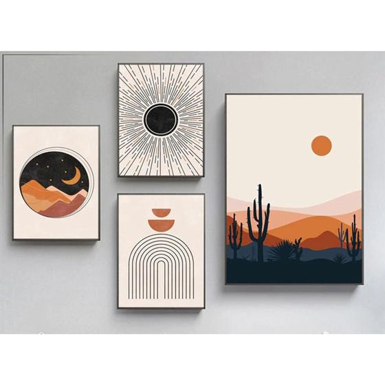 Imagem de Quadro decorativo 4 peças abstrato sol e lua arcos de chuva artístico geométrica