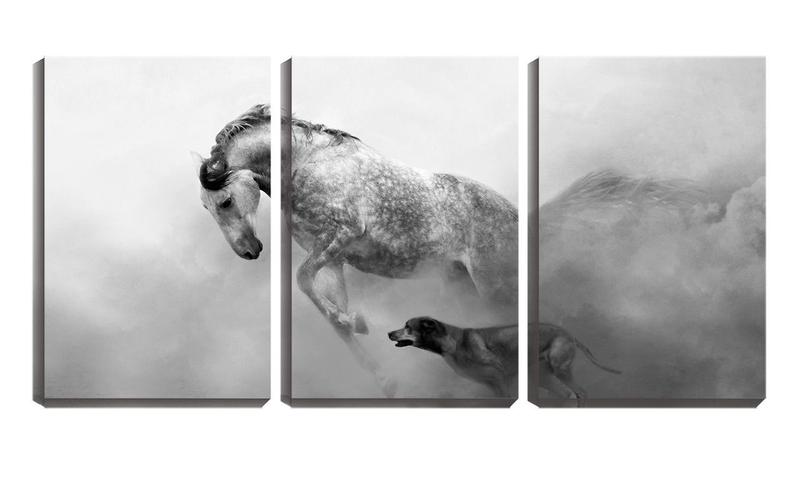 Imagem de Quadro Decorativo 45x96 cão e cavalo correndo pb