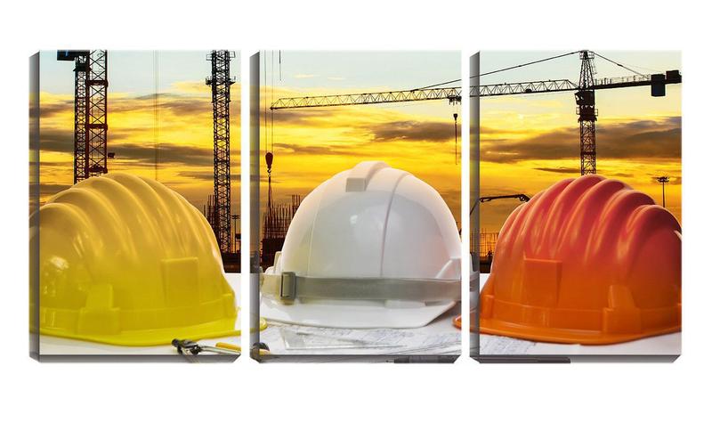 Imagem de Quadro Decorativo 45x96 três capacetes de engenheiros obra