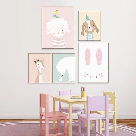Imagem de Quadro decorativo 5 peças para quarto infantil bebê menina ovelha coelho vaca pato cão