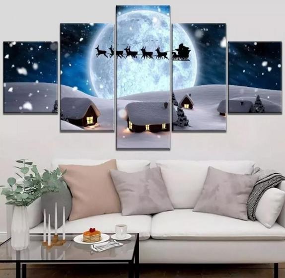 Imagem de quadro decorativo 5 telas Papai Noel Natal Rena "