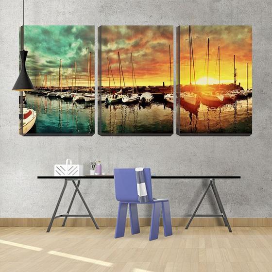 Imagem de Quadro Decorativo 55x110 panorama barcos sob pôr do sol