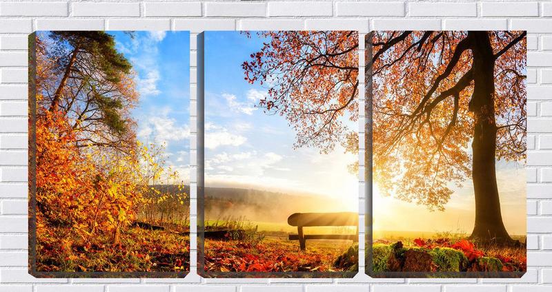 Imagem de Quadro Decorativo 80x140 banco entre árvores ao pôr do sol