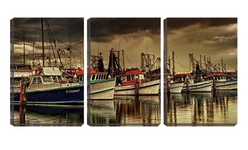 Imagem de Quadro Decorativo 80x140 barcos pesqueiros ancorados