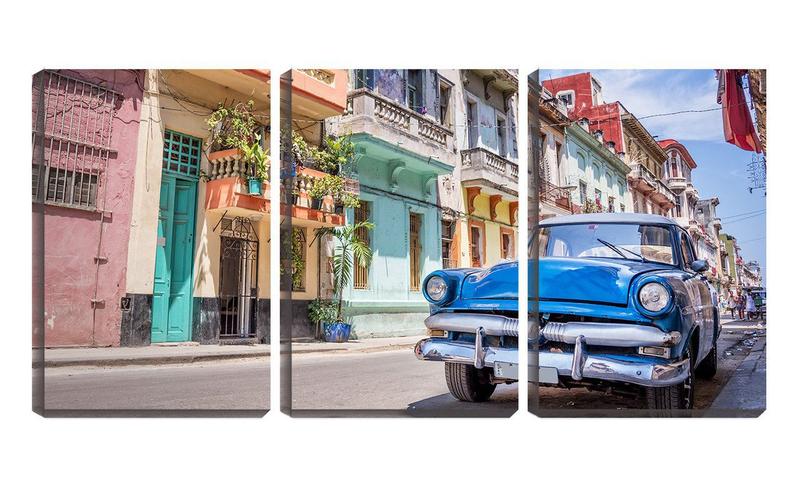 Imagem de Quadro Decorativo 80x140 carro azul nas ruas de havana