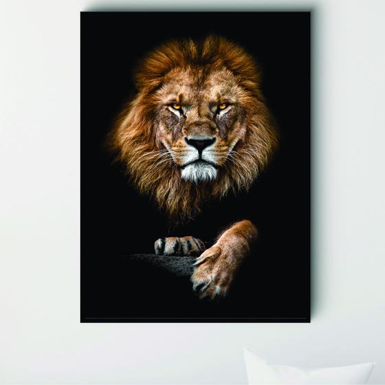 Imagem de Quadro Decorativo 90x60 com Moldura de Madeira Leão Frontal