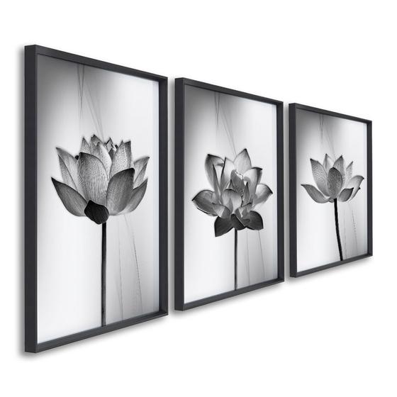 Imagem de Quadro Decorativo Abstrato Flor de Lótus Preto e Branco com 3 Telas de Parede para Sala Quarto Escritório