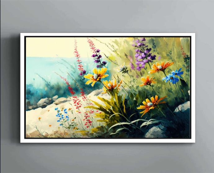 Imagem de Quadro Decorativo Abstrato Flores Jardim Canvas Moldura Filete  