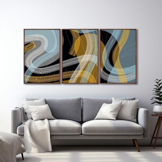 Imagem de Quadro Decorativo Abstrato Modelo Linhas e Formas com 3 telas para Quarto Banheiro Escritório