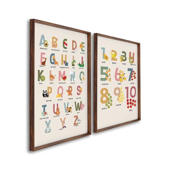 Imagem de Quadro Decorativo Alfabeto Didático Infantil com 2 Telas de Parede para Quarto Sala Brinquedoteca 60 Tabaco