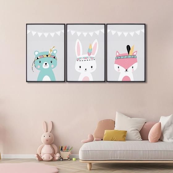 Imagem de Quadro Decorativo Amigos da Natureza Infantil com 3 Telas Cm de Parede para Quarto Sala Brinquedotec Com Vidro