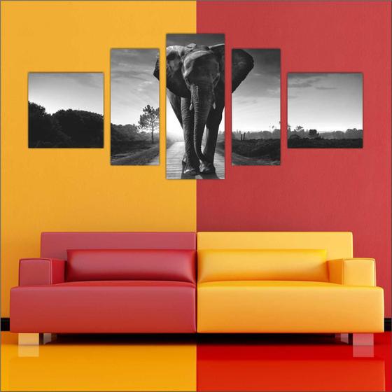 Imagem de Quadro Decorativo Animais Elefante Preto e Branco Com 5 Peças 