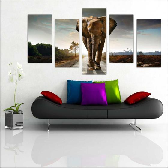 Imagem de Quadro Decorativo Animais Elefante Salas 5 Peças Com Moldura