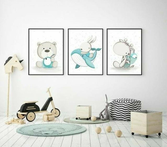 Imagem de Quadro Decorativo Animais Urso Baleia Girafa Quarto Bebê Menino Kit 3 peças Decoração Mosaico