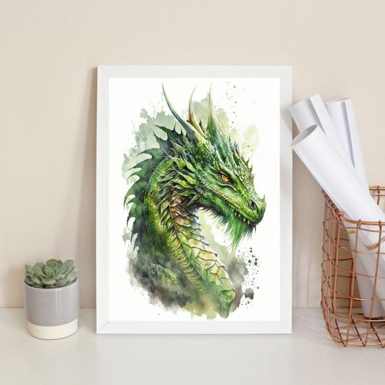 Imagem de Quadro Decorativo Aquarela Dragão Verde 33x24cm - com vidro