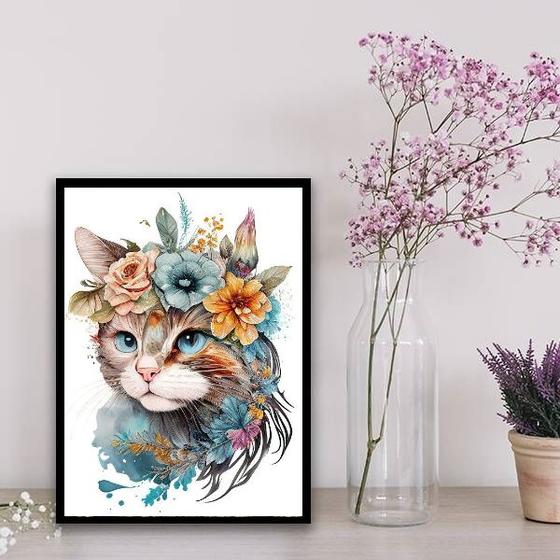 Imagem de Quadro Decorativo Aquarela Gato Flores 33x24cm - com vidro