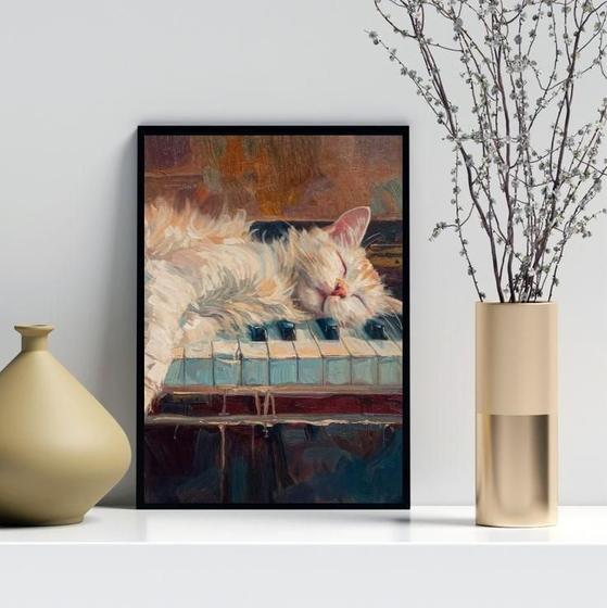 Imagem de Quadro Decorativo Arte Gato No Piano 45X34Cm - Com Vidro