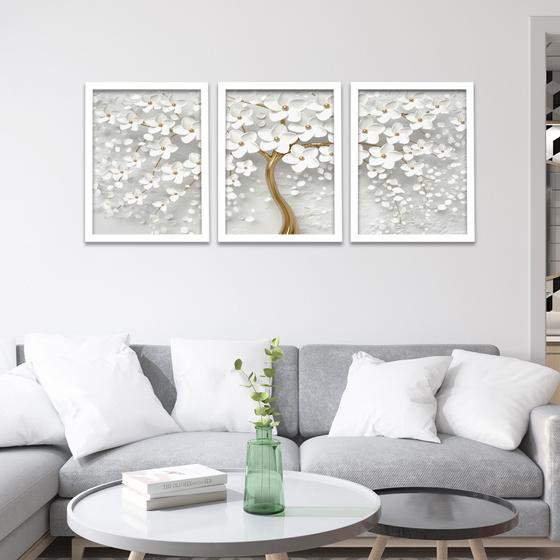 Imagem de Quadro Decorativo Árvore Cerejeira Branca Dourado 3 Peças 40x60 cm Moldura Grande Sala Quarto Flores